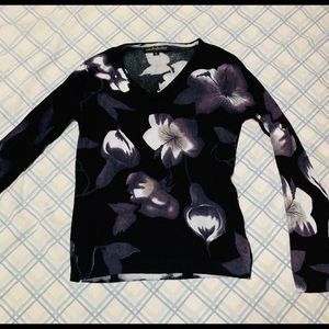 Pierre Black Flowered V Neck Long Sleeve Sweater